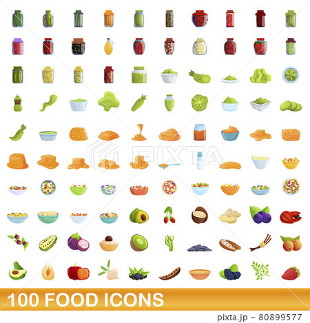 100 food icons set, cartoon style 80899577
