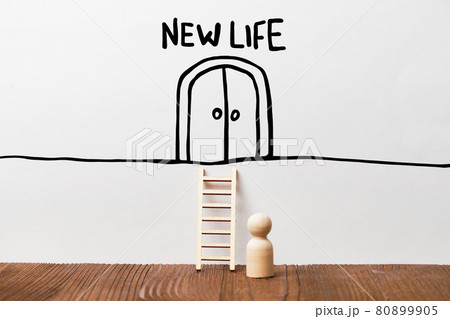 Concept of a new life with a person in front of a staircase and a door abstract 80899905