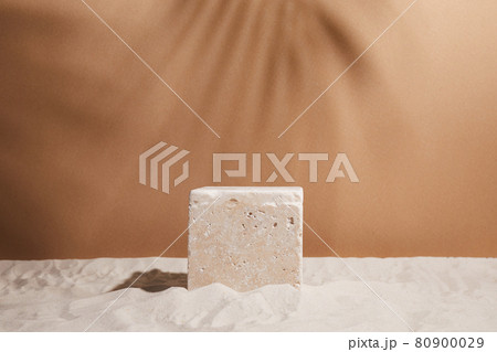 Podium on sand background. Display with sunshade and shadow on the background for cosmetic perfume fashion natural product 80900029