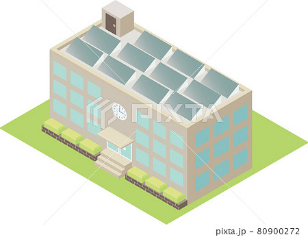 アイソメトリックな屋上に太陽光パネルが設置されている学校の建物のイラスト素材