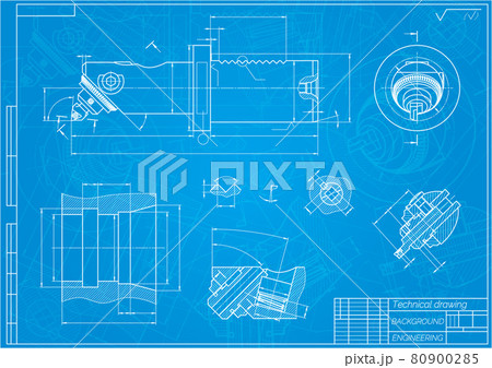 Mechanical engineering drawings on blue background. Boring bar with micrometric adjustment. Technical Design. Cover. Blueprint. Vector illustration. 80900285