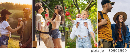 Composite image of photos of young men and women, father and son walking together in summer time. Lifestyle, friendship, nature, love Composite image of photos of young men and women, father and son walking together in summer time. Lifestyle, friendship, nature, love 80901990