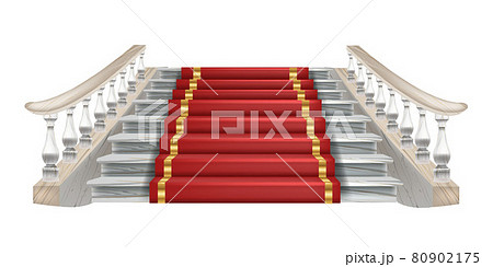Vector palace staircase illustration, classic house stairs front view, red carpet, marble balustrade 80902175