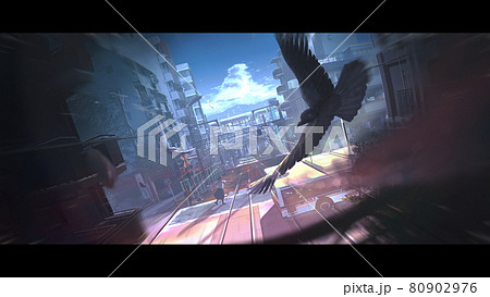 夏空とビルの間を飛ぶカラス 80902976