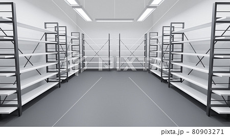 Cold room in warehouse with empty racks, white shelves on metal base. Interior of industrial storage freezer with walls, polymer floor and lamps. Refrigerator chamber in store or restaurant, 3d render 80903271