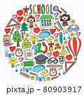 Vector set of Back to School icons in doodle style. Painted, colorful, pictures on a piece of paper on white background. 80903917