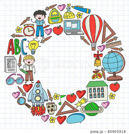 Vector set of Back to School icons in doodle style. Painted, colorful, pictures on a piece of paper on white background. 80903918