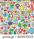 Vector set of Back to School icons in doodle style. Painted, colorful, pictures on a piece of paper on white background. 80903929