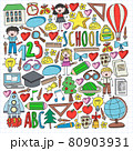 Vector set of Back to School icons in doodle style. Painted, colorful, pictures on a piece of paper on white background. 80903931