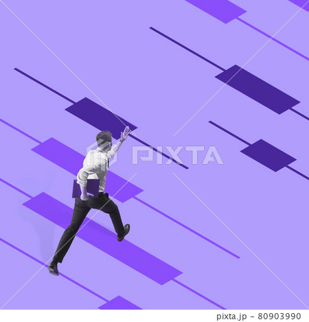 Modern design, artwork. One manager, finance analyst, office clerk with folder walking along graph columns over purple background. Goals, achievements 80903990