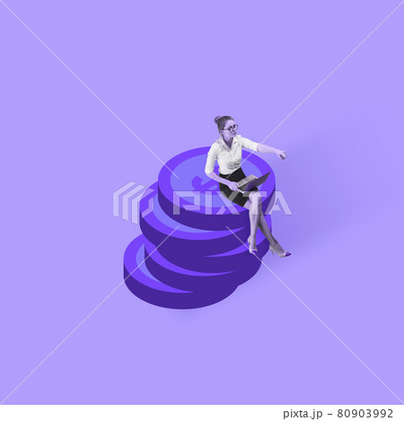 One businesswoman sitting on big pile of coins with dollar sign. Copyspace for ad, offer. Concept of earning, saving and investing money. One businesswoman sitting on big pile of coins with dollar sign. Copyspace for ad, offer. Concept of earning, saving and investing money. 80903992
