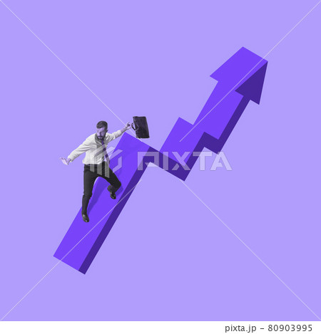Art collage with broker, finance manager with briefcase sliding down the growing graph arrow. Concept of investments, trading, earning money, analytics. Art collage with broker, finance manager with briefcase sliding down the growing graph arrow. Concept of investments, trading, earning money, analytics. 80903995