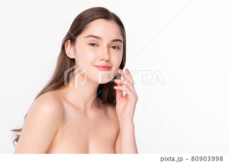 Beautiful young woman with clean fresh skin on white background, Face care, Facial treatment, 80903998