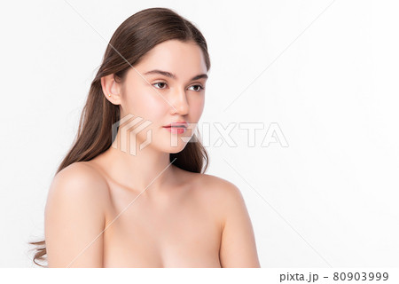 Beautiful young woman with clean fresh skin on white background, Face care, Facial treatment, 80903999