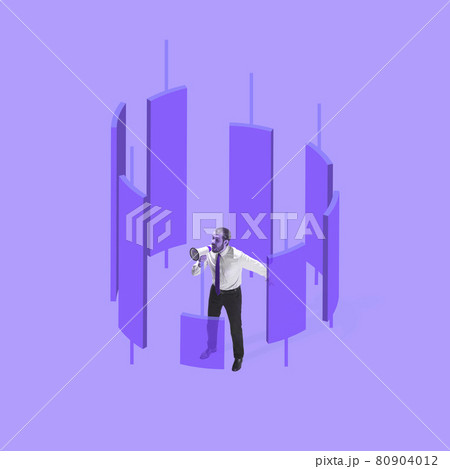 One businessman with megaphone stands surronded by graph columns. Copyspace for ad, offer One businessman with megaphone stands surronded by graph columns. Copyspace for ad, offer 80904012