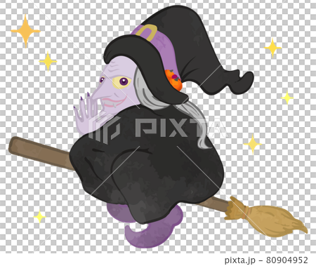 ハッピーハロウィン かわいい魔女ばあさんがほうきに乗って挨拶しているイラストのイラスト素材
