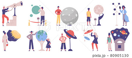 Planetarium, astronomy observatory scientific exhibition visitors characters. Astronomy solar system exhibition vector illustration set. Observatory excursion visitors Planetarium, astronomy observatory scientific exhibition visitors characters. Astronomy solar system exhibition vector illustration set. Observatory excursion visitors 80905130