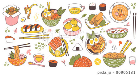 Doodle asian japanese cuisine traditional delicious food. Chinese, korean, japanese rice, noodles, fish and meat dishes vector illustration set. Oriental cuisine food Doodle asian japanese cuisine traditional delicious food. Chinese, korean, japanese rice, noodles, fish and meat dishes vector illustration set. Oriental cuisine food 80905131