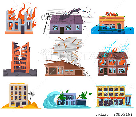 Natural disasters cataclysms ruined, destroyed, flooded houses. Ruined abandoned broken city residential houses vector illustration set. Flooded, burnt city district houses 80905162