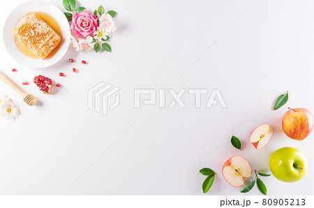 Rosh hashanah (jewish New Year holiday), Concept of traditional or religion symbols on white background. Rosh hashanah (jewish New Year holiday), Concept of traditional or religion symbols on white background. 80905213