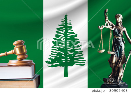Law and justice in Norfolk Island. Statue of themis and the gavel of the judge against the background of the flag of Norfolk Island. Law and justice concept Law and justice in Norfolk Island. Statue of themis and the gavel of the judge against the background of the flag of Norfolk Island. Law and justice concept 80905403