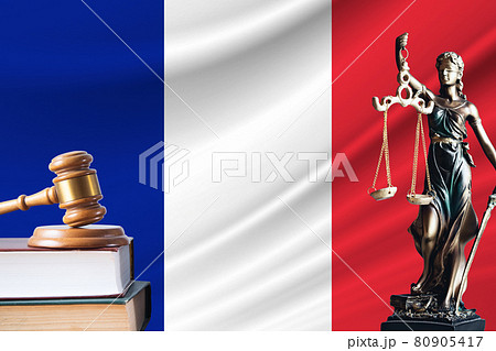 Law and justice in France. Statue of themis and the gavel of the judge against the background of the flag of France. Law and justice concept Law and justice in France. Statue of themis and the gavel of the judge against the background of the flag of France. Law and justice concept 80905417
