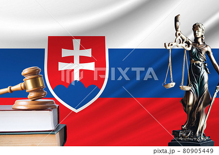 Law and justice in Slovakia. Statue of themis and the gavel of the judge against the background of the flag of Slovakia. Law and justice concept Law and justice in Slovakia. Statue of themis and the gavel of the judge against the background of the flag of Slovakia. Law and justice concept 80905449