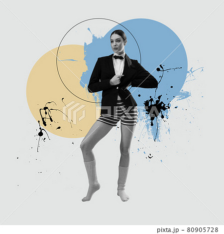 Combination of styles. Minimal art collage. One bw female fashion model in swimming trunks and classic jacket 80905728