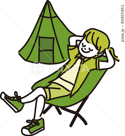 キャンプでくつろぐ女性のイラストのイラスト素材
