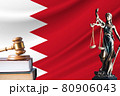 Law and justice in Bahrain. Statue of themis and the gavel of the judge against the background of the flag of Bahrain. Law and justice concept 80906043