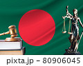 Law and justice in Bangladesh. Statue of themis and the gavel of the judge against the background of the flag of Bangladesh. Law and justice concept 80906045