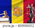 Law and justice in Andorra. Statue of themis and the gavel of the judge against the background of the flag of Andorra. Law and justice concept 80906052