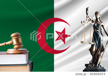 Law and justice in Algeria. Statue of themis and the gavel of the judge against the background of the flag of Algeria. Law and justice concept 80906054