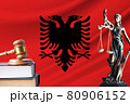 Law and justice in Albania. Statue of themis and the gavel of the judge against the background of the flag of Albania. Law and justice concept 80906152