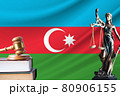 Law and justice in Azerbaijan. Statue of themis and the gavel of the judge against the background of the flag of Azerbaijan. Law and justice concept 80906155
