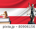 Law and justice in Austria. Statue of themis and the gavel of the judge against the background of the flag of Austria. Law and justice concept 80906156