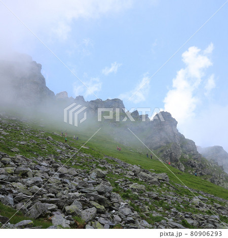Schwarze Hoerner, peaks in the Pizol region on a misty summer morning. Schwarze Hoerner, peaks in the Pizol region on a misty summer morning. 80906293