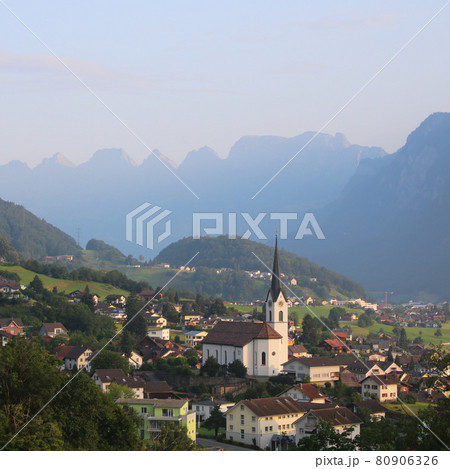 Church of Wangs and Churfirsten Range in early morning. Church of Wangs and Churfirsten Range in early morning. 80906326