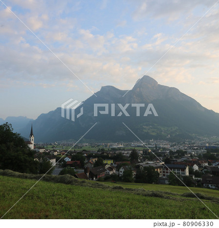 Morning scene in St Gallen Canton. Towns Wangs and Sargans. Mountains. Morning scene in St Gallen Canton. Towns Wangs and Sargans. Mountains. 80906330