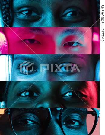 Vertical collage of cropped different male and female eyes placed on narrow stripes in neon lights. Vertical collage of cropped different male and female eyes placed on narrow stripes in neon lights. 80906348