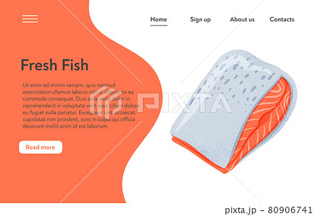 Fresh tasty salmon fillet, sea fish vector hand drawn landing page design with space for text. 80906741