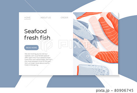 Fresh tasty salmon fillets, sea fishes vector hand drawn landing page design with space for text. 80906745