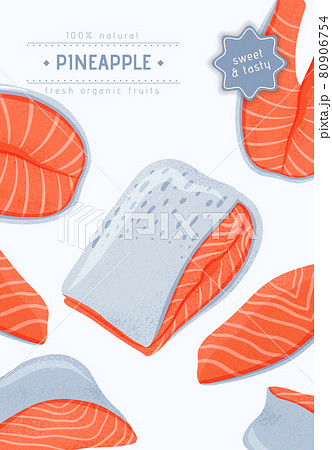Fresh tasty salmon fillets, sea fishes vector hand drawn poster design with space for text. 80906754