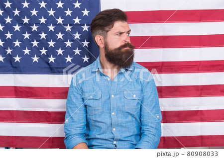 Man well groomed hipster stylish appearance american flag background, serious face concept 80908033