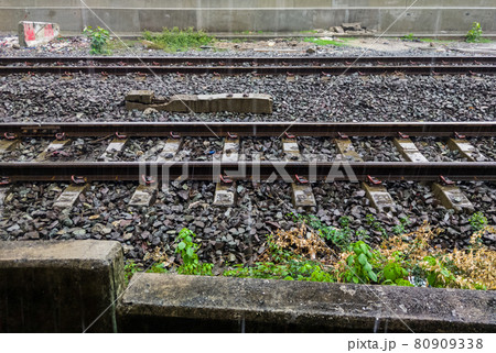 The double track of the railway line in the heavy rain after the storm. 80909338