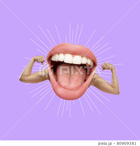 Contemporary art collage in surreal style. Female mouth with muscular hands over purple background. Contemporary art collage in surreal style. Female mouth with muscular hands over purple background. 80909381