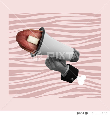 Contemporary art collage with megaphone and human tongue in surreal style. Contemporary art collage with megaphone and human tongue in surreal style. 80909382