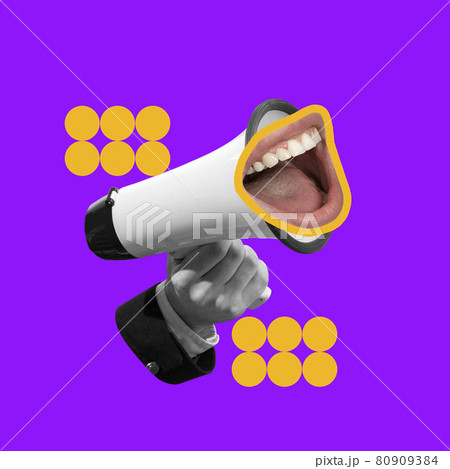 Contemporary art collage with megaphone and female mouth in surreal style. 80909384