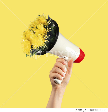 Contemporary art collage. Human hand holding loudspeaker with sticking out flowers on yellow background. Contemporary art collage. Human hand holding loudspeaker with sticking out flowers on yellow background. 80909386