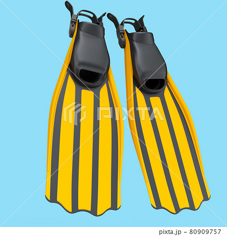 Orange diving flippers isolated on blue. 3d render of snorkeling equipment 80909757